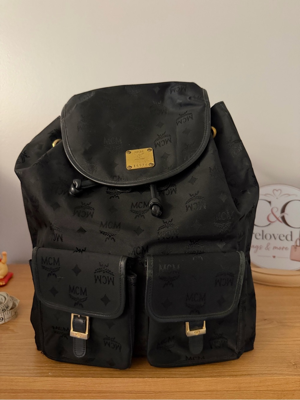 MCM Black Monogram Nylon Backpack with Gold Plaque made in Germany